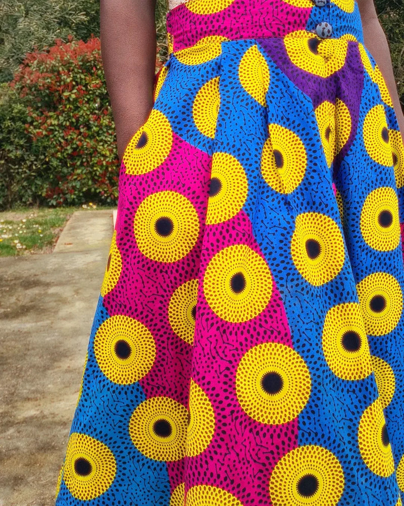 Jupe longue en wax  | Jupe en tissu africain multicolore motif cible AUDREY