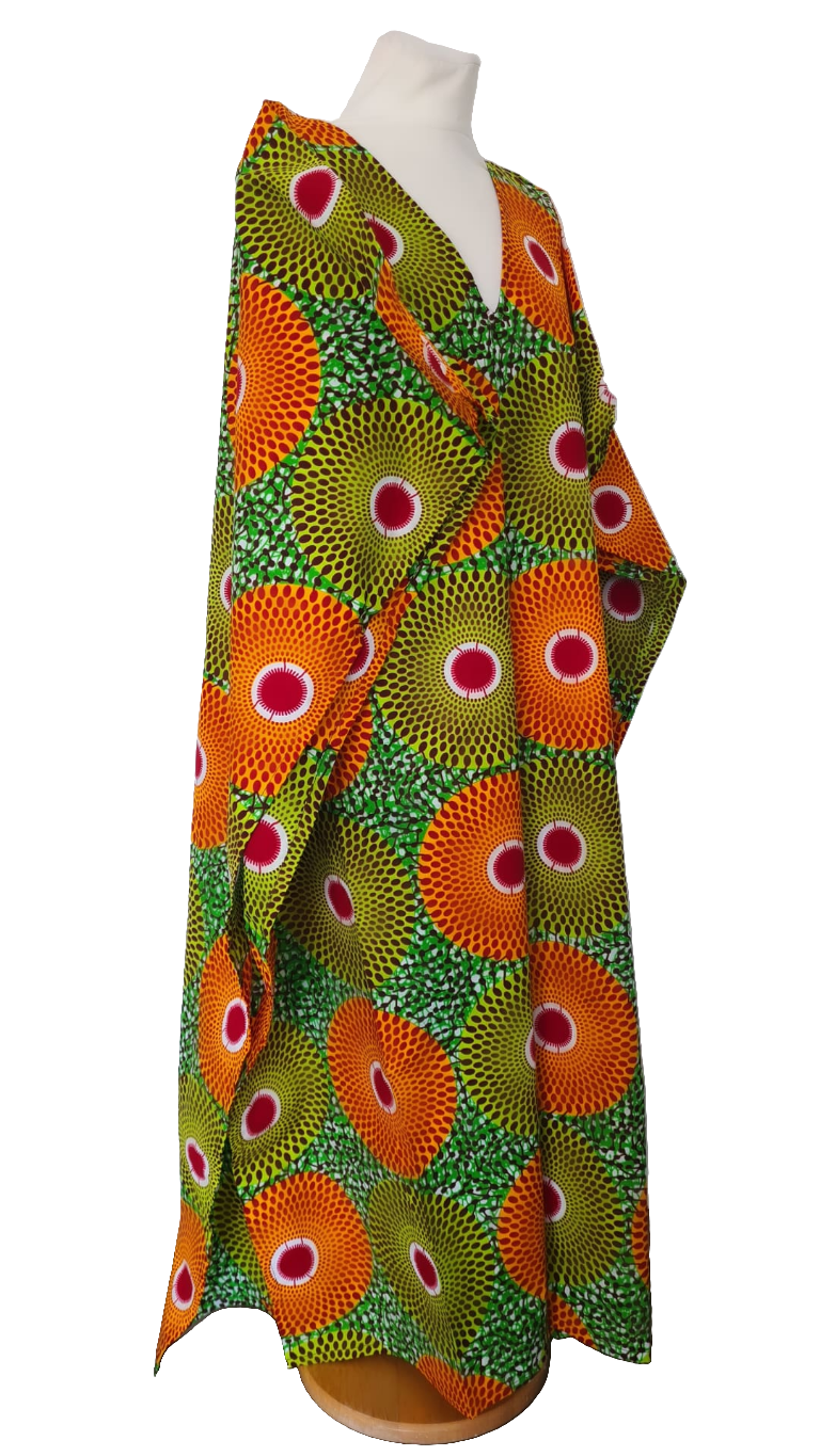 Boubou africain pagne africain femme - boubou wax  -  robe africaine longue orange et verte multicolore motif pagne africain